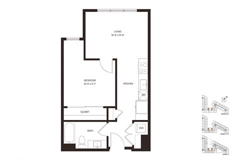 Floor plan for 1 bed, 1 bath, 627 sqft